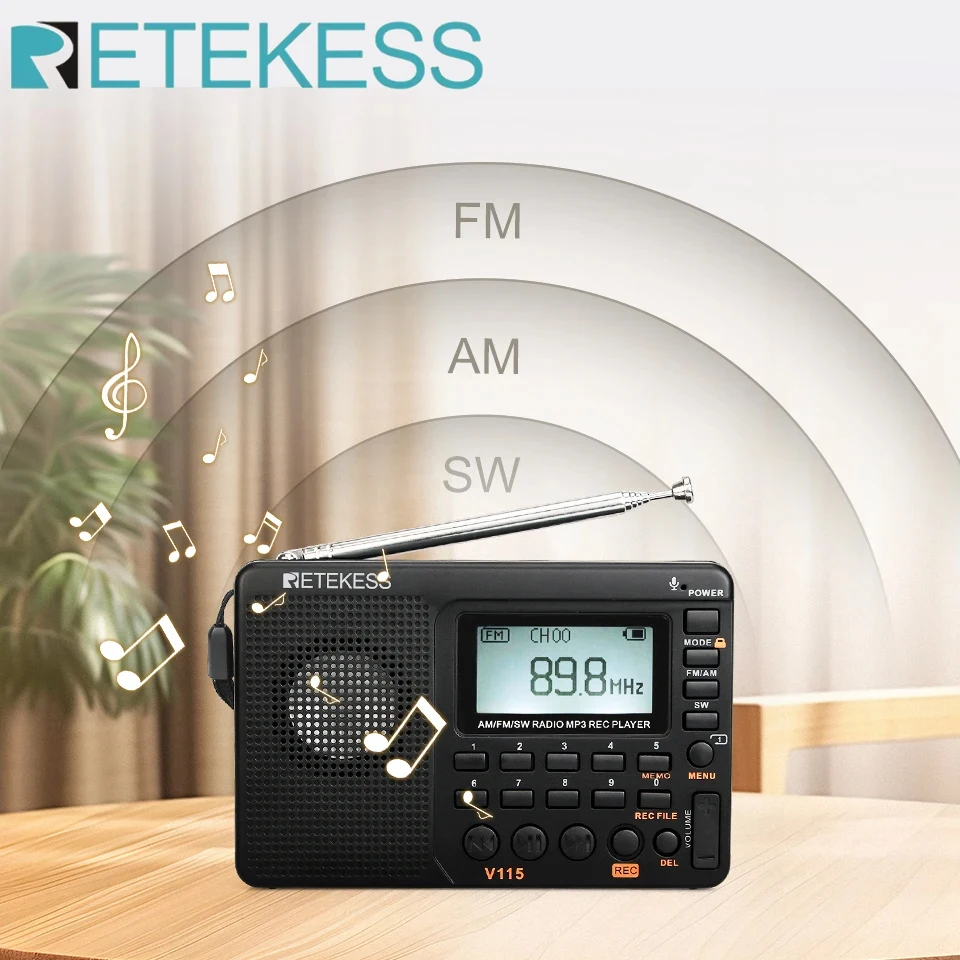 راديو RETEKESS V115 محمول يعمل على نطاقات FM AM SW مع بطاريات قابلة للشحن ومسجل USB ومكبر صوت للمسنين TX32