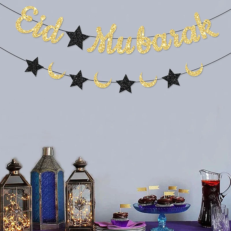 قطعة واحدة من لافتة عيد مبارك، نجوم قمر عيد الفطر، زهور لاتيه لخلفية رمضان