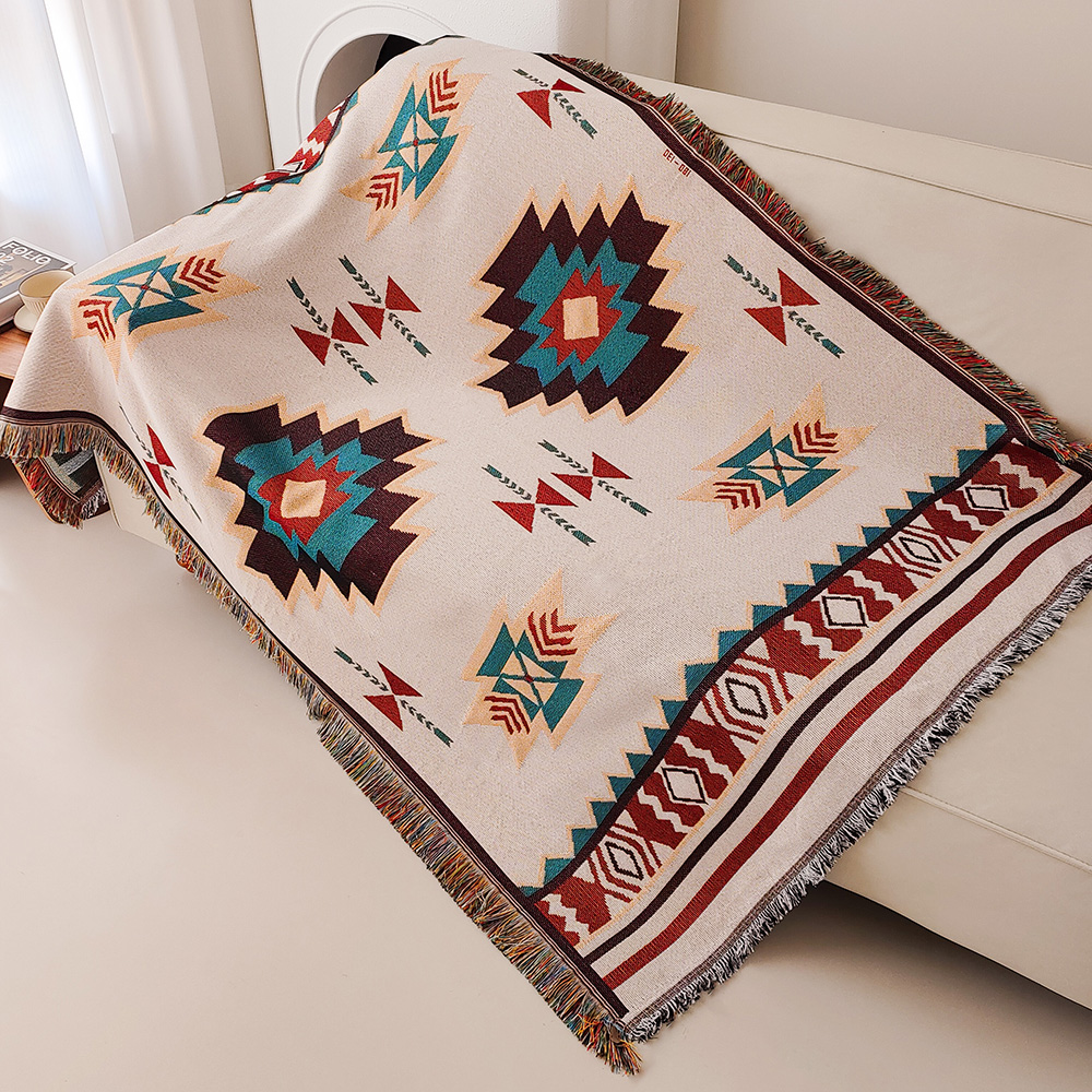 _blanket أزتيك، بطانية بوهو كبيرة الحجم مع حاشية، جنوب غربي هندسي طاقية قديمة منسوجة بطانات، Double-Si