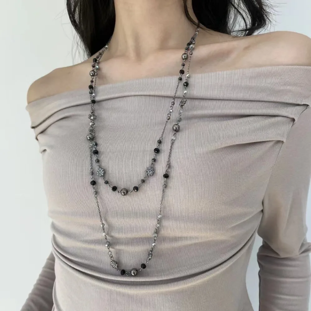 قلادة نسائية بتصميم ريترو بطبقتين، سلسلة طويلة بنمط بوهيمي عتيق، مزينة بخرز زهور ملونة، سلسلة سترة على الطراز العرقي.