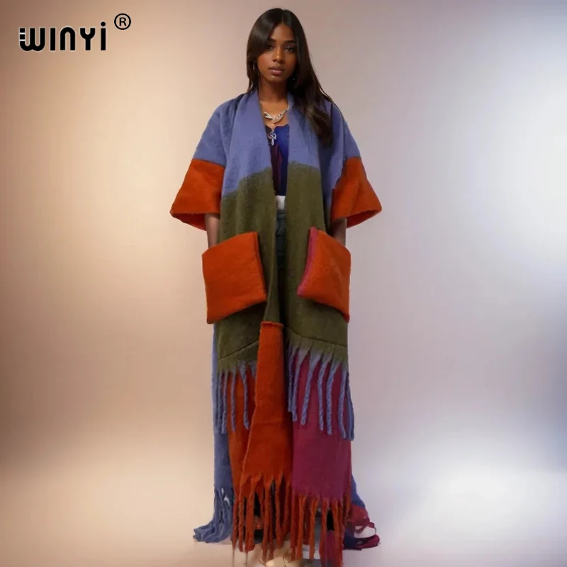 WINYI أفريقيا الشتاء سترة جيب تصميم معطف للنساء كيمونو فساتين راقية سميكة الدافئة الإناث عباية ملابس الشتاء للنساء
