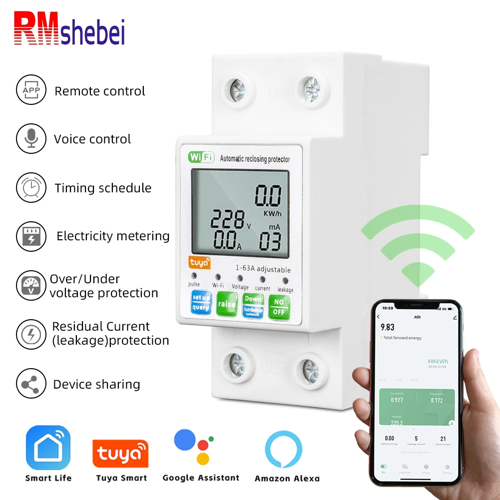 RMshebei Tuya قطاع دارة WiFi ذكي 220 فولت 2P 63A مفتاح توقيت التحكم عن بعد الجهد الزائد حماية التسرب الزائد