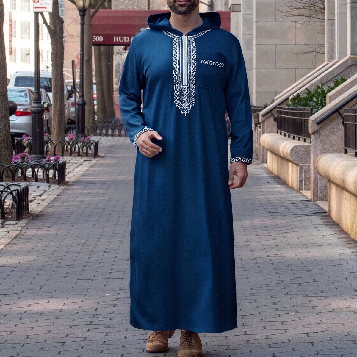 جلباب مغربي فاخر للرجال مع غطاء للرأس، أكمام مطرزة، جيوب طويلة، ثوب إسلامي، عباءة شرق أوسطية، جبة