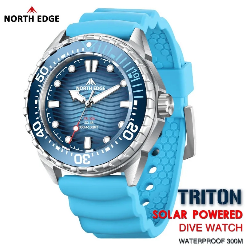 NORTH EDGE 2025 جديد تريتون تعمل بالطاقة الشمسية ساعة الغوص الرجال الفاخرة ساعات كوارتز للرجال 316L حاوية من الفولاذ المقاوم للصدأ مقاوم للماء 300 متر