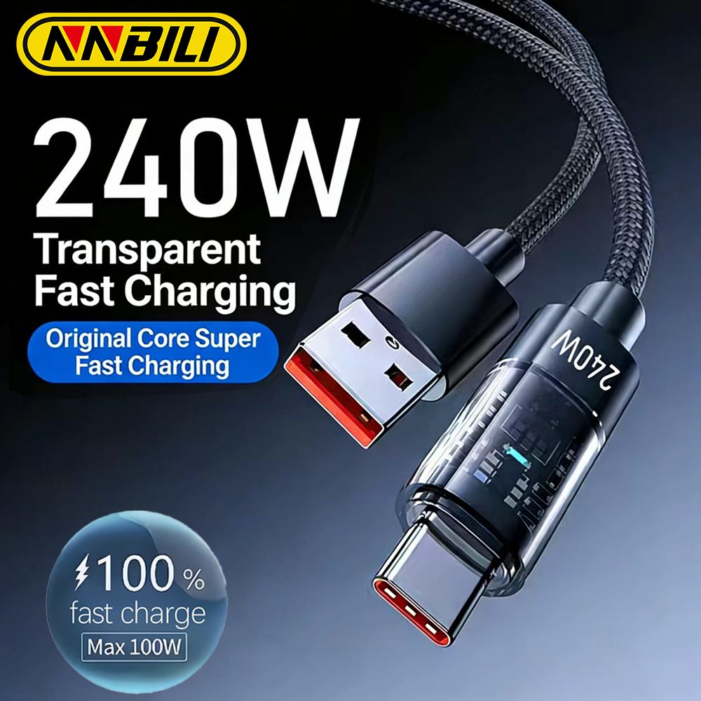 كابل شحن سريع جداً من نايلون USB A إلى Type C بقوة 240 واط من NNBILI لهواتف سامسونج S26 وهواوي، وUSB C إلى Type C لأجهزة آيفون 17 و16، سلك شحن