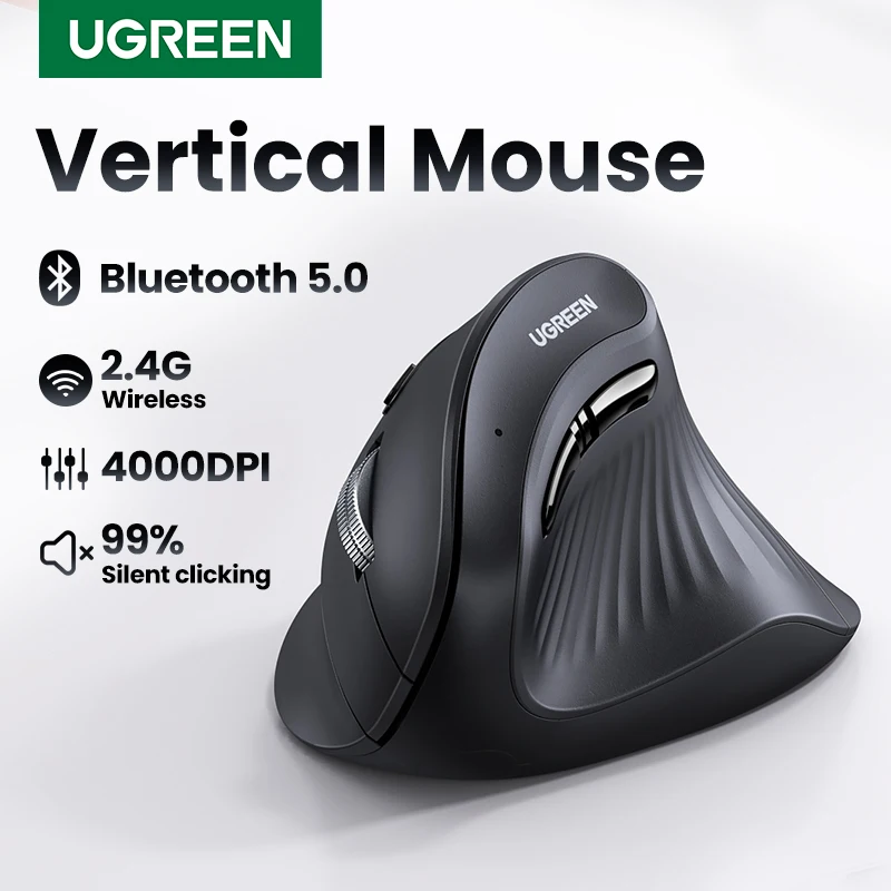 فأرة عمودية لاسلكية قابلة للشحن من UGREEN بتقنية بلوتوث 5.0 و2.4 جيجاهرتز، تصميم مريح بدقة 4000 نقطة في البوصة، مناسبة لأجهزة ماك والتابلت والكمبيوتر المحمول وأجهزة الكمبيوتر الشخصية