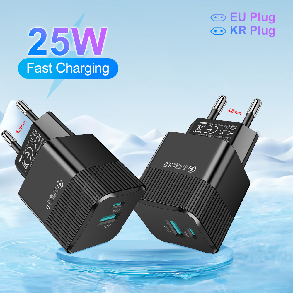 2 منافذ PD 25 واط USB C شاحن سريع KR الاتحاد الأوروبي قابس سفر صغير الهاتف محول شحن سريع آيفون 15 برو ماكس Oneplus