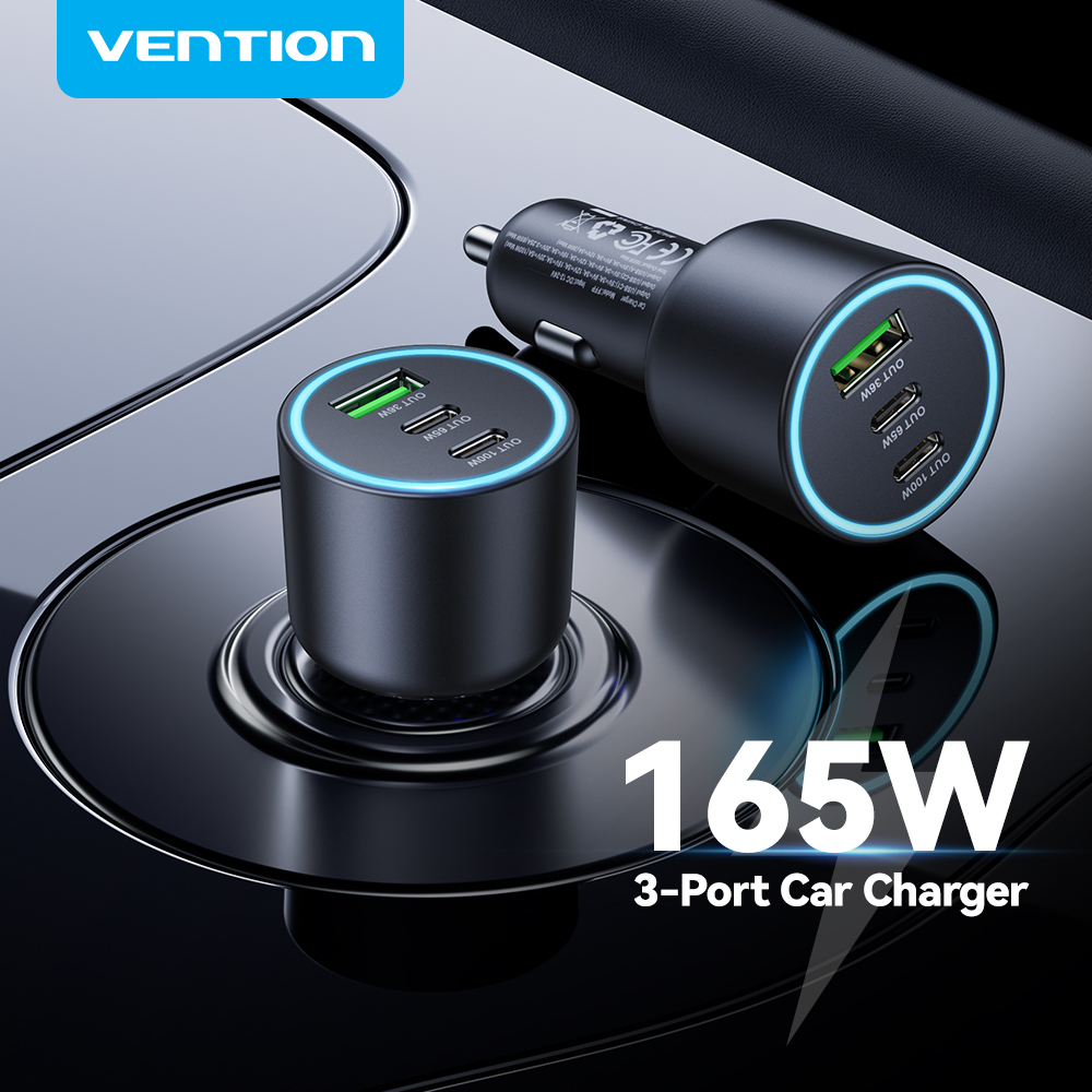 Vention 165 واط USB C شاحن سيارة 3-Ports PD QC 4.0 45 واط لسامسونج S25 آيفون 17 16 ماك بوك 100 واط محول شحن سريع مع LED