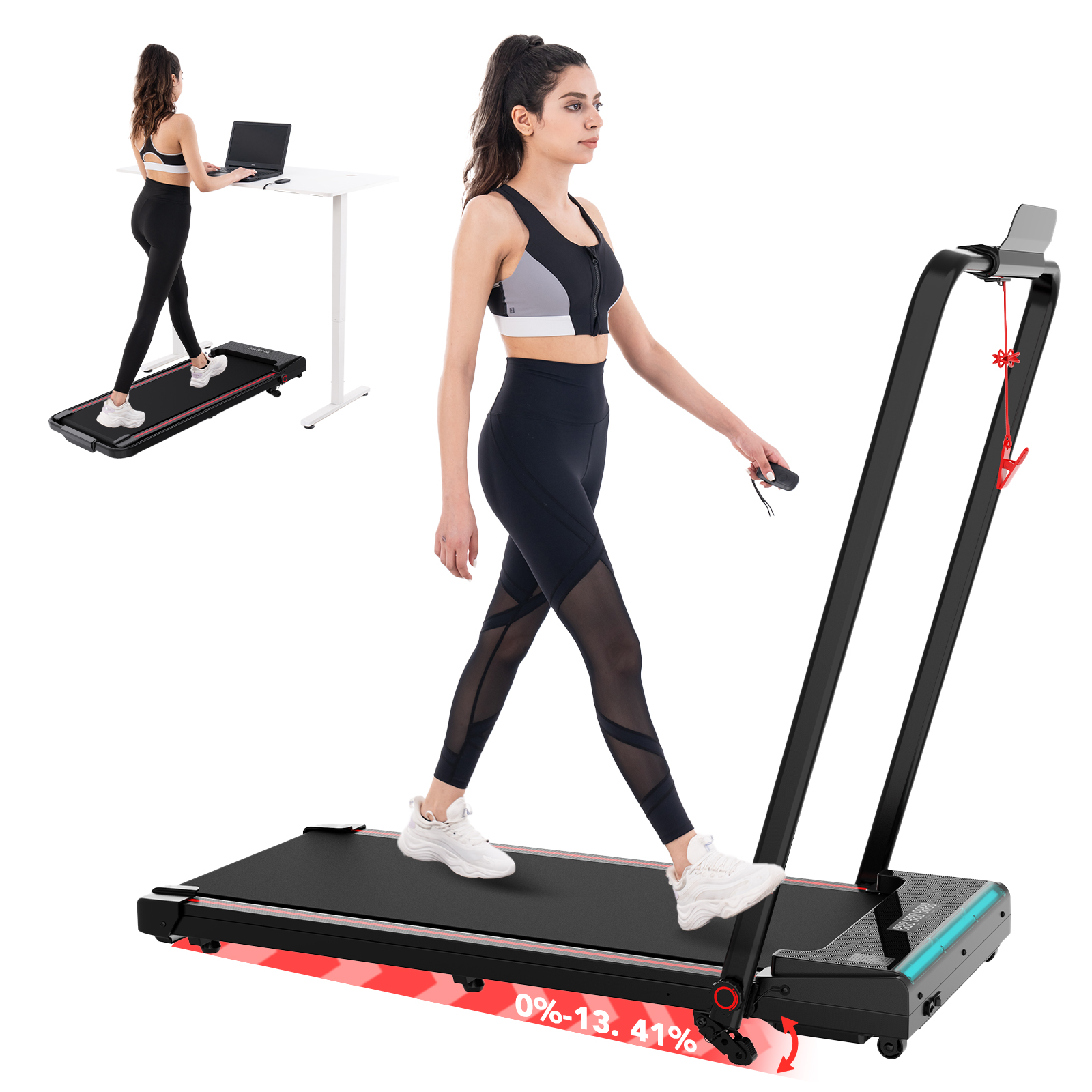 جهاز سير CITYSPORTS PRO قابل للطي، جهاز مشي مع مائل 13%، سرعة قابلة للتعديل، ضوء LED، موفر للمساحة