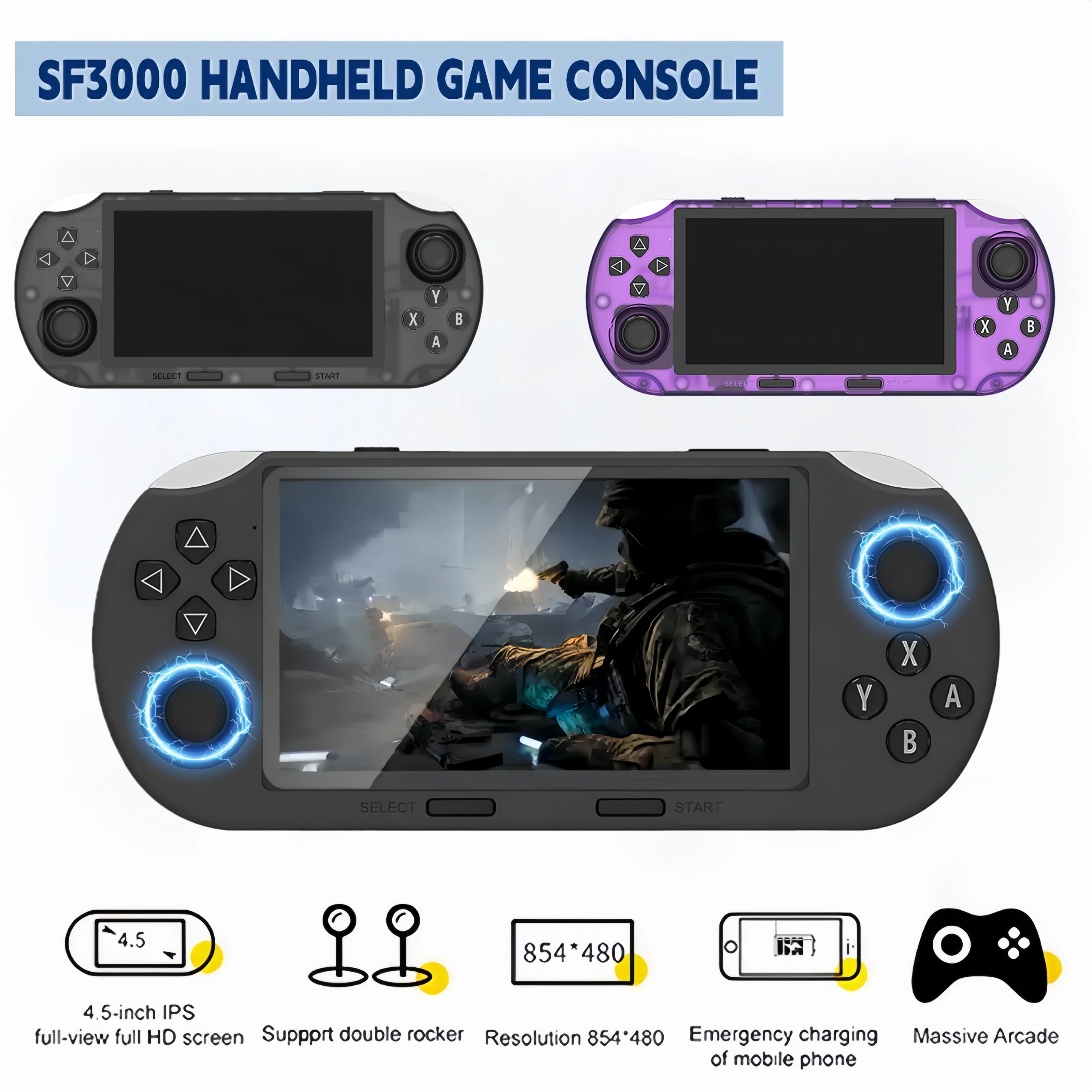 وحدة تحكم ألعاب فيديو محمولة باليد SF3000 مشغل جيب للألعاب الكلاسيكية مع شاشة IPS 4.5 بوصة 3000 مللي أمبير في الساعة نظام لينكس محمول