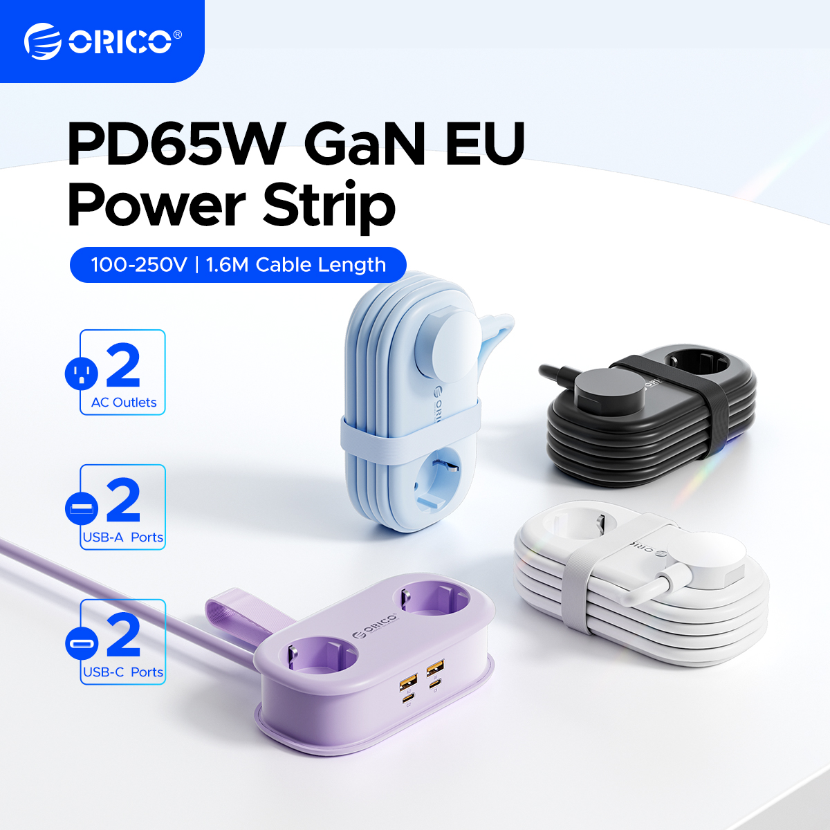 ORICO كابل التفاف المحمولة السفر قطاع الطاقة 65 واط GaN محطة شحن سريعة مع 2 منافذ التيار المتناوب 2 USB 2 Type-C الاتحاد الأوروبي محول القابس المنزل
