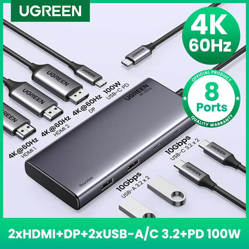 UGREEN-Triple USB C HUB ، 10Gbps ، 4K ، محول HDMI ، مقسم 8 في 1 مع HDMI DP ، USB3.2 ، PD W Dock ، MacBook Pro Air ، PC