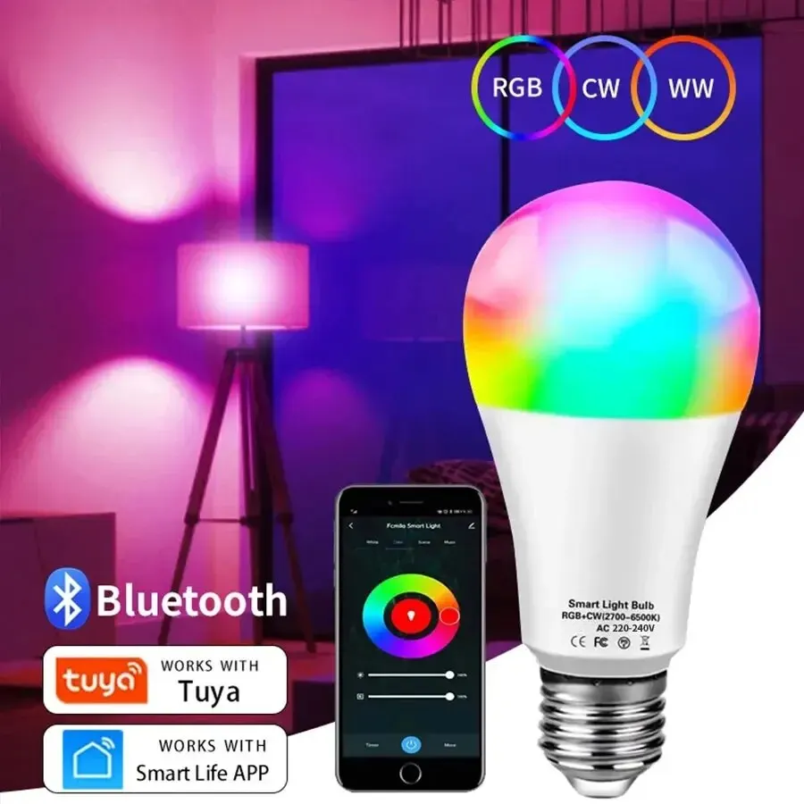 مصباح Tuya الذكي LED E27 للتحكم بتطبيق مصباح خفت الضوء بالبلوتوث RGB مصباح غرفة نوم بتقنية البلوتوث وزينة V والحياة الذكية