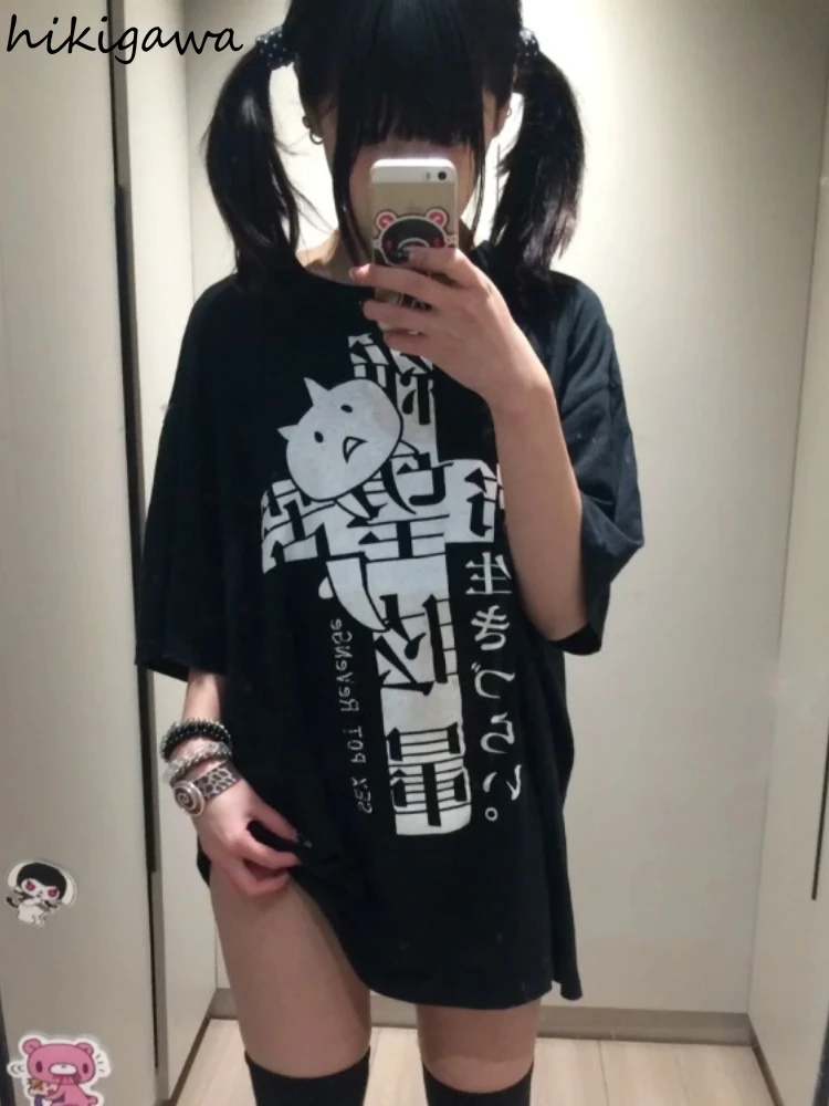 Y2K ملابس النساء القطن تي شيرت طباعة قصيرة الأكمام عادية تيز موضة اليابانية Camisetas Ropa Mujer الصيف المتضخم تي شيرت
